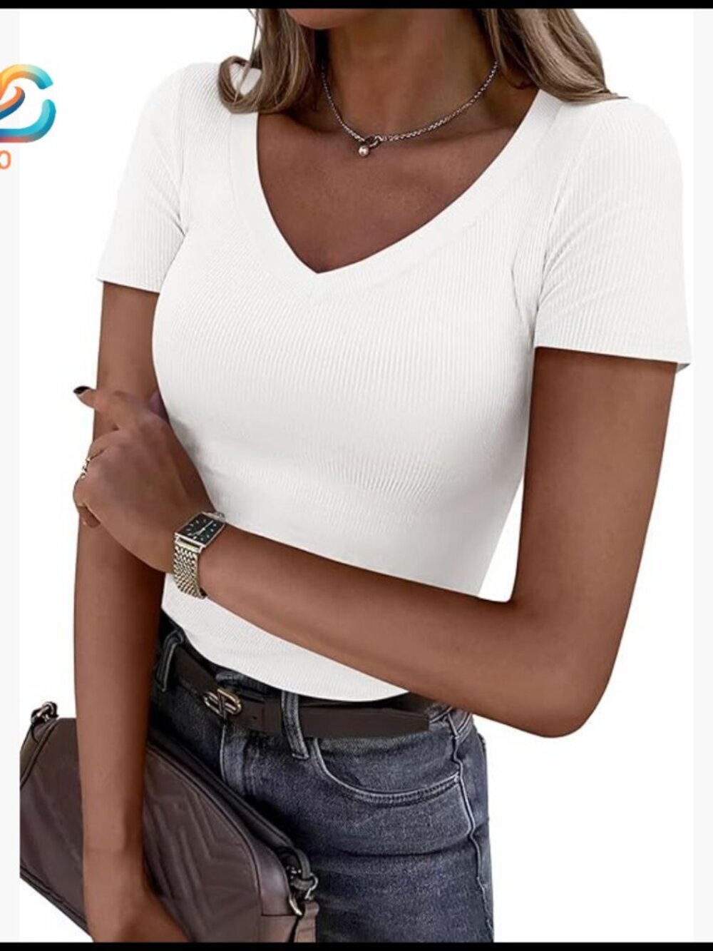 Ribbed V-Neck Slim Fit Tee, Short Sleeve Stretchy Top for Casual Outings